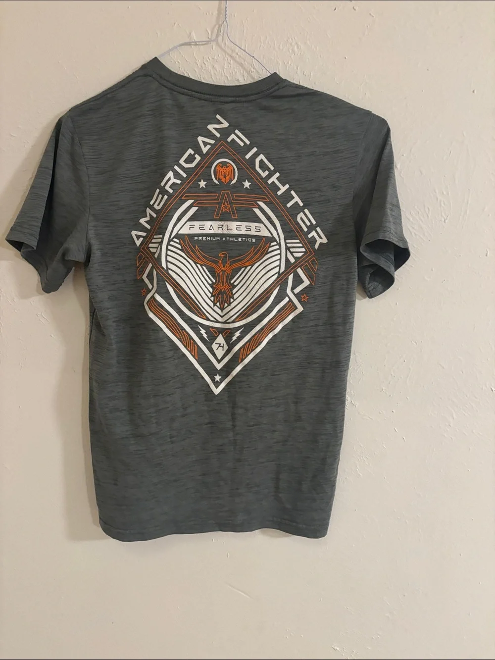 American Fighter Grey Tee with White & Orange Graphic